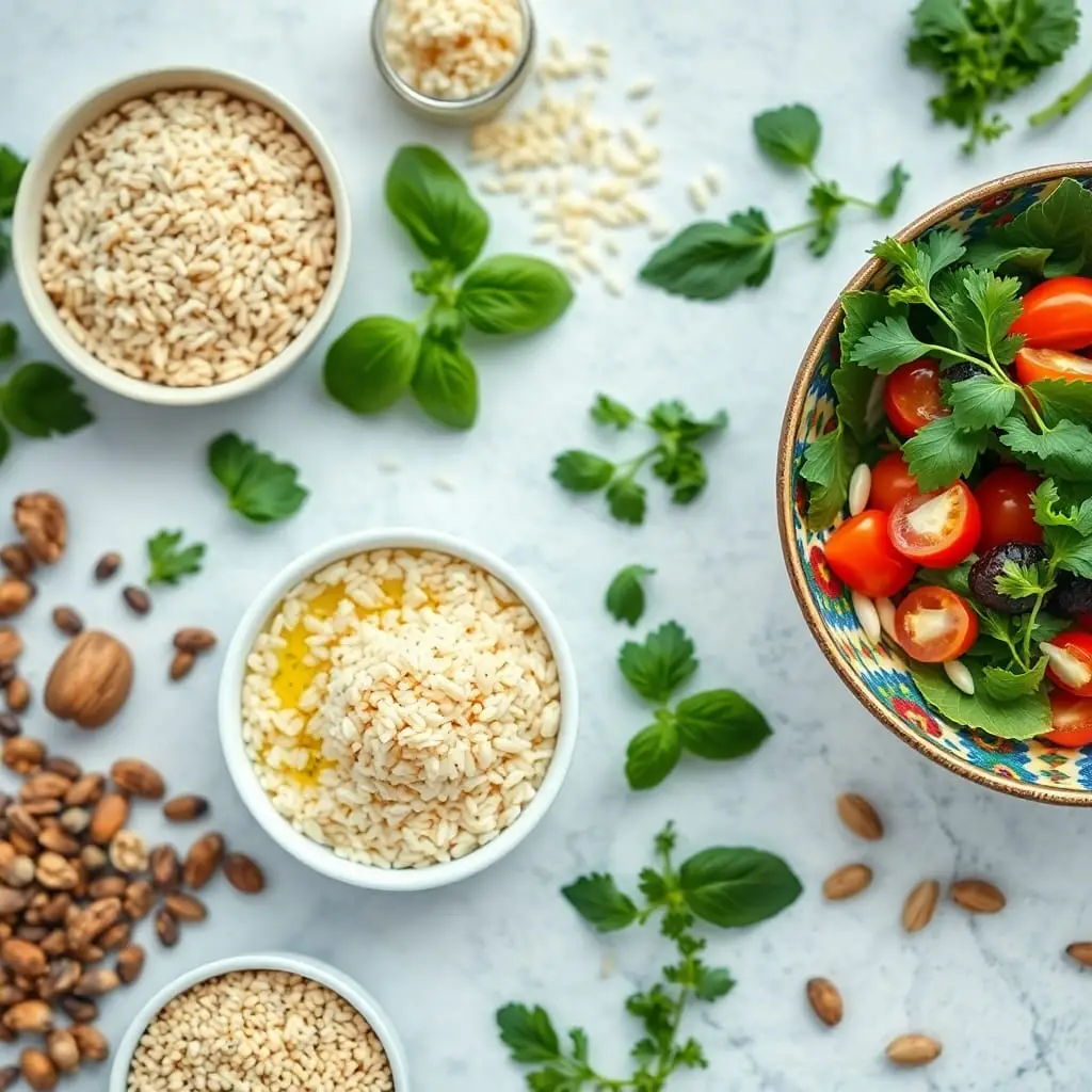 Dieta Mediterrânea: Grãos integrais, azeite de oliva, ervas frescas, nozes e sementes, além de um bowl com salada colorida.