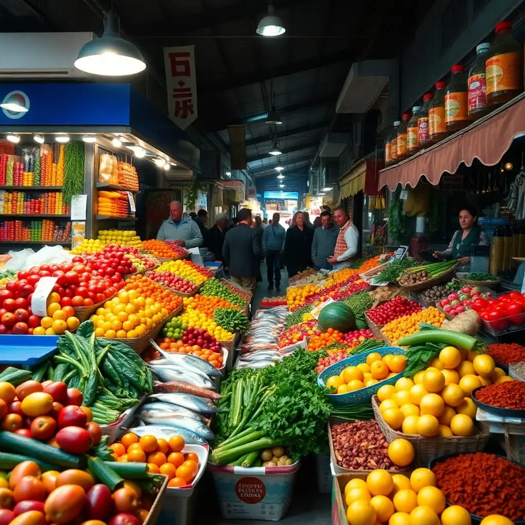 Mercado ao ar livre, com barracas cheias de frutas, vegetais, peixes frescos e especiarias típicas da dieta mediterrânea.