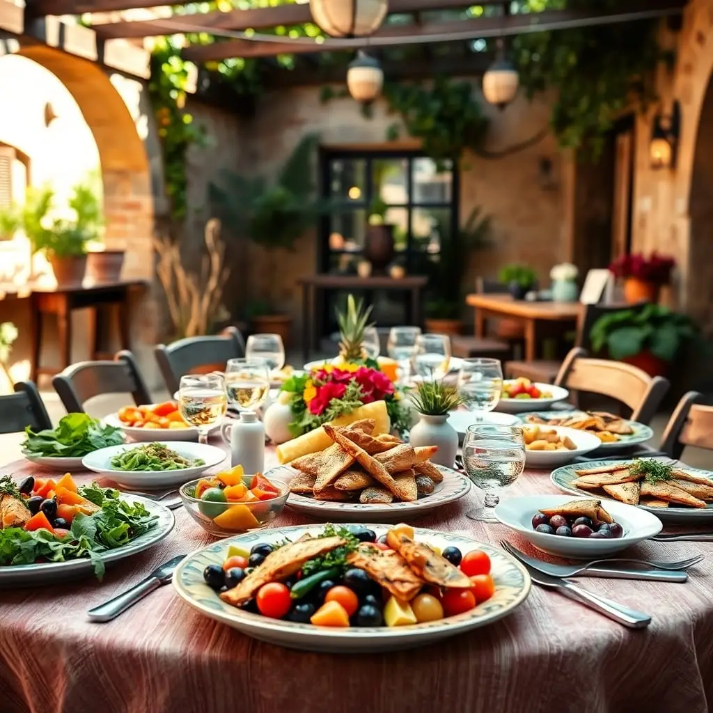 Mesa decorada com um banquete contendo peixes, frutas frescas, verduras e água, representando a Dieta Mediterrânea.