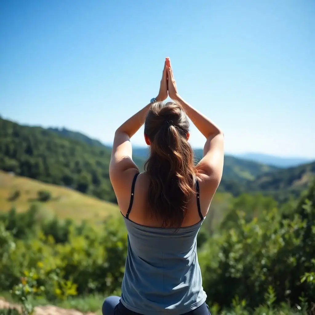 Mulher praticando yoga ao ar livre, simbolizando o autocuidado diário e a conexão entre corpo e mente.