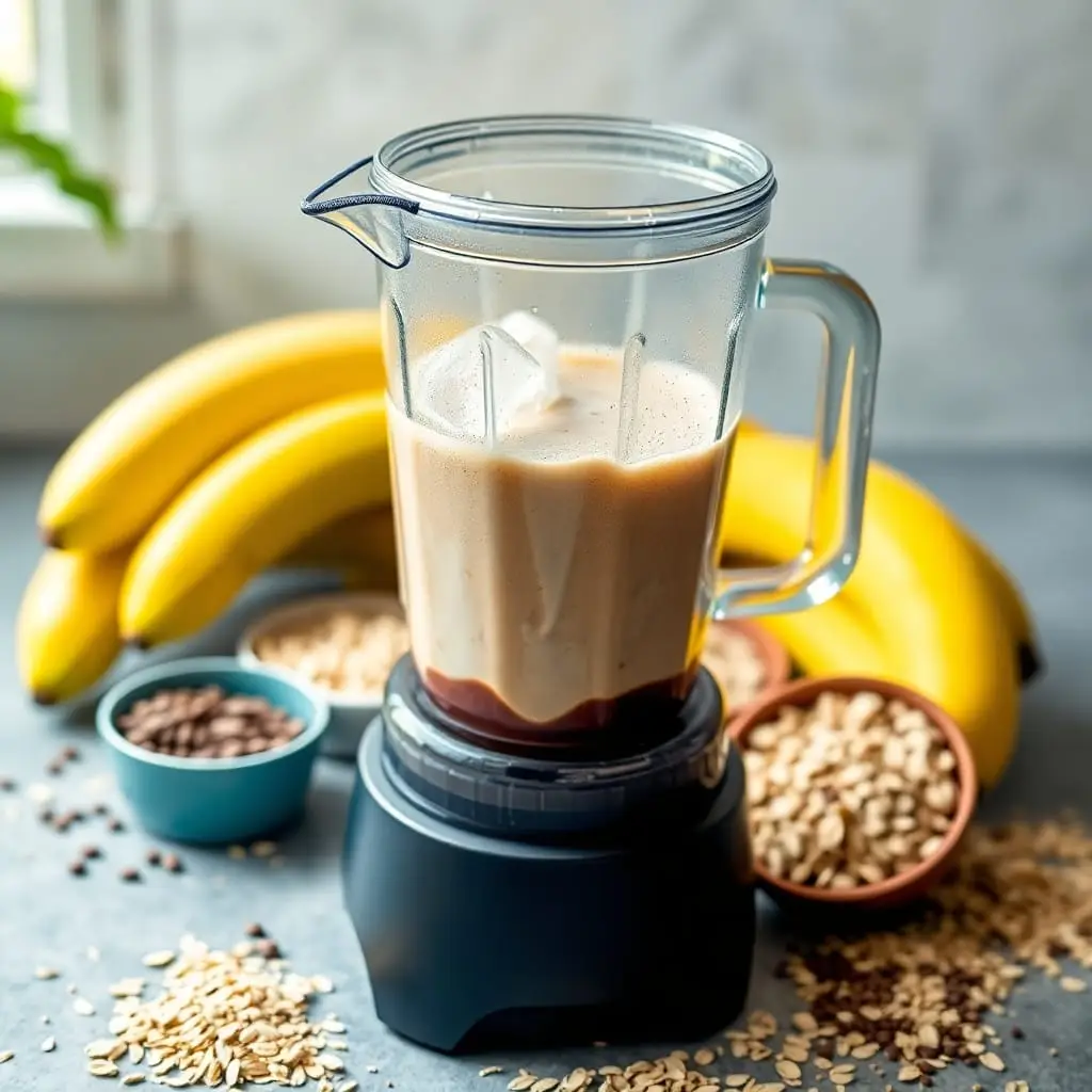 Shake Nutritivo sendo servido em copo, acompanhado dos ingredientes usados na receita, como banana, aveia, chia e whey protein.