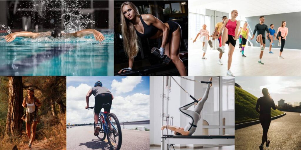 Colagem mostrando ciclismo, corrida, dança, musculação, natação, pilates e trail running - atividades físicas personalizadas e vibrantes.