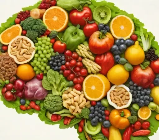 Cérebro feito de alimentos saudáveis, destacando a importância da dieta para a saúde mental.