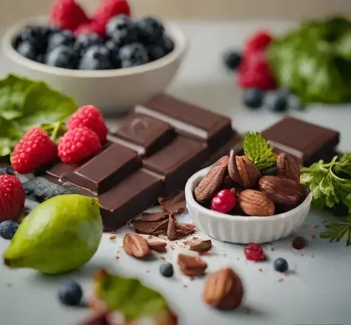 Alimentos como frutas vermelhas, chocolate amargo, folhas e castanhas, importantes para uma dieta que melhora a saúde mental.