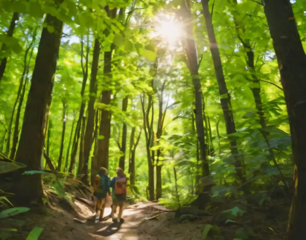 Duas pessoas praticando o movimento consciente em uma trilha na floresta, entre árvores iluminadas pelo sol.