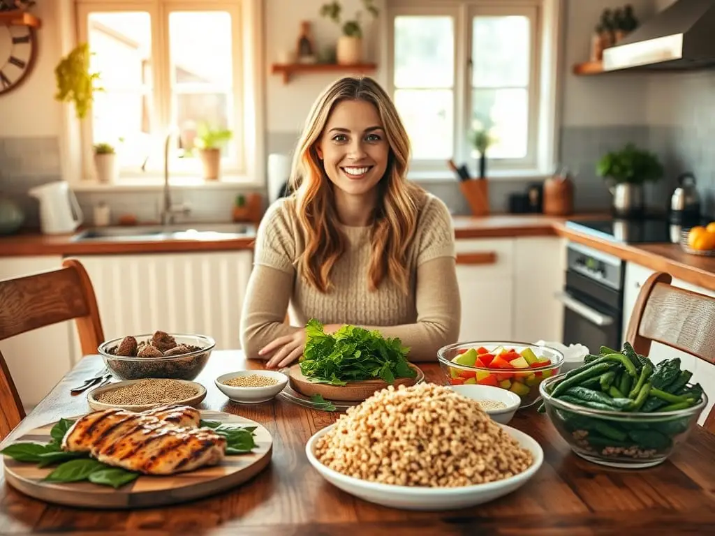 Mulher sentada à mesa com alimentos nutritivos, representando a importância de uma alimentação equilibrada para desmascarar os mitos de fitness e promover saúde e bem-estar de forma sustentável.