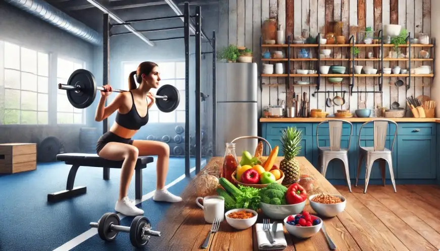 Mulher levantando pesos ao longe, com uma mesa de alimentos nutritivos ao lado, representando o equilíbrio entre exercício e alimentação saudável no combate aos mitos de fitness.