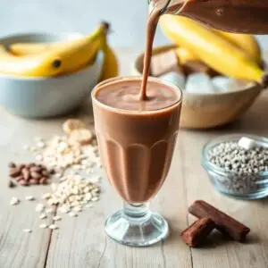 Shake Nutritivo sendo servido em copo, acompanhado dos ingredientes usados na receita, como banana, aveia, chia e whey protein.