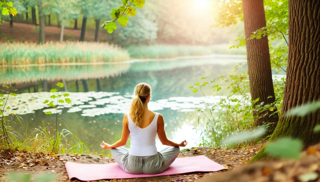 Pessoa sentada em um parque verdejante, meditando e praticando uma mentalidade positiva.