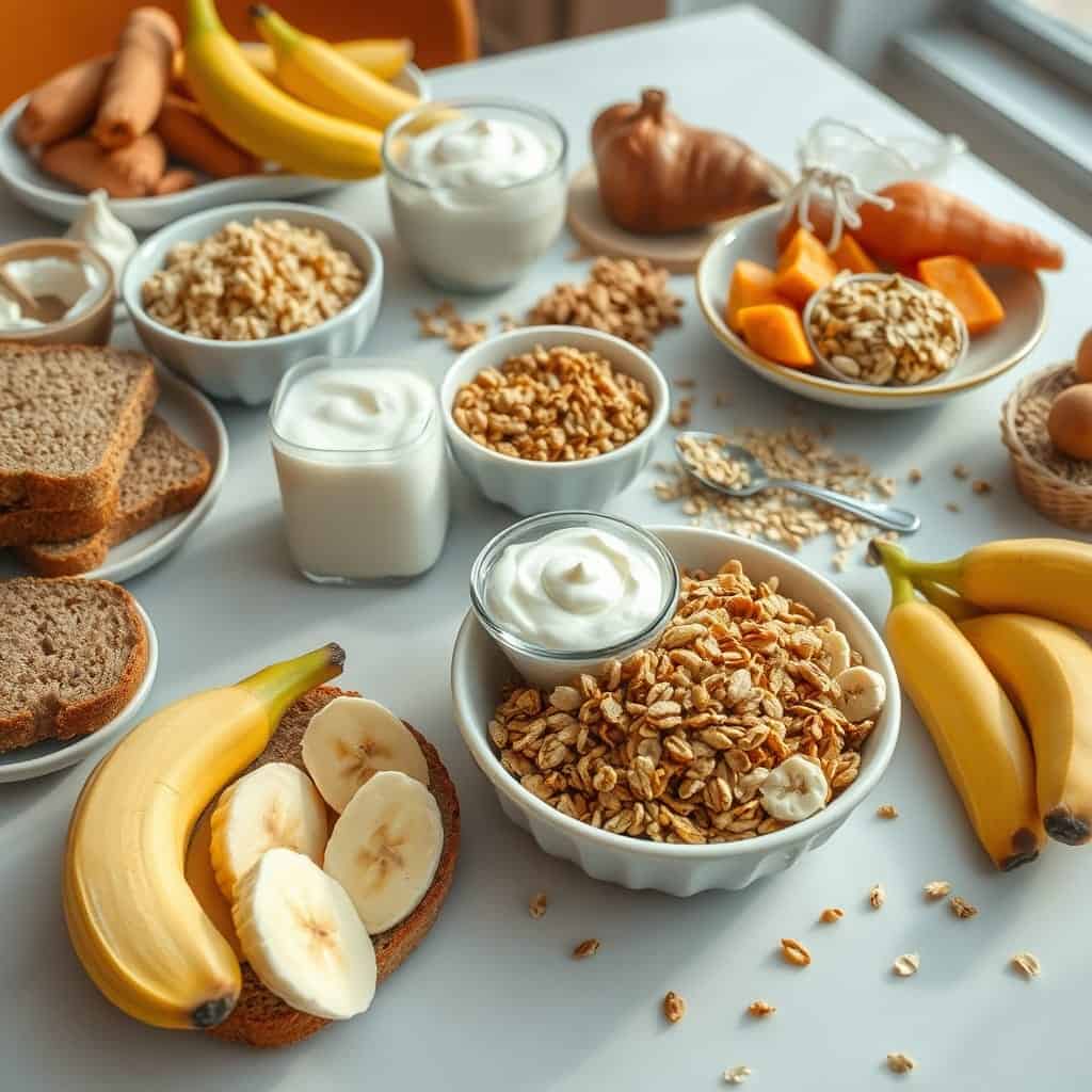 Mesa com alimentos pré-treino, como fatias de pão integral, banana, iogurte natural, granola e aveia, essenciais para preparar o corpo para o exercício físico