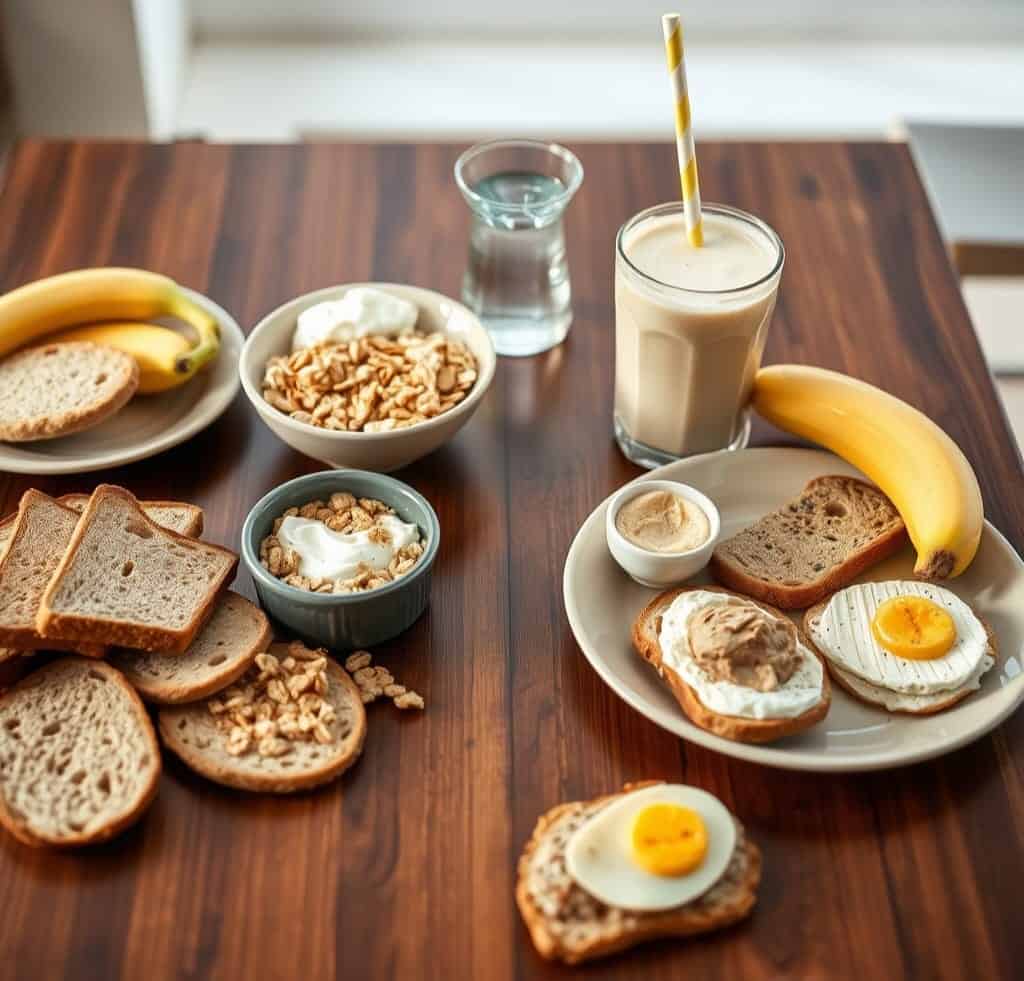 Mesa com alimentos pré e pós-treino: fatias de pão integral, banana, iogurte natural, granola e aveia à esquerda, e shake proteico, banana, torrada integral com patê de atum, ovos e copo de água à direita