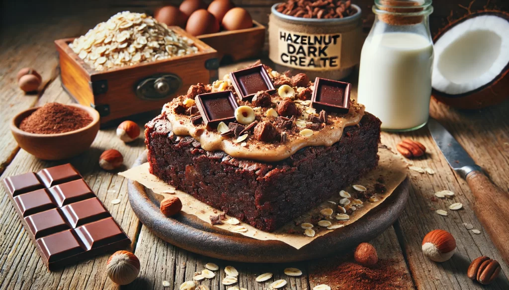 Brownie funcional saudável servido em uma tábua de madeira, com cobertura de creme de avelã, pedaços de chocolate 70% e avelãs trituradas.