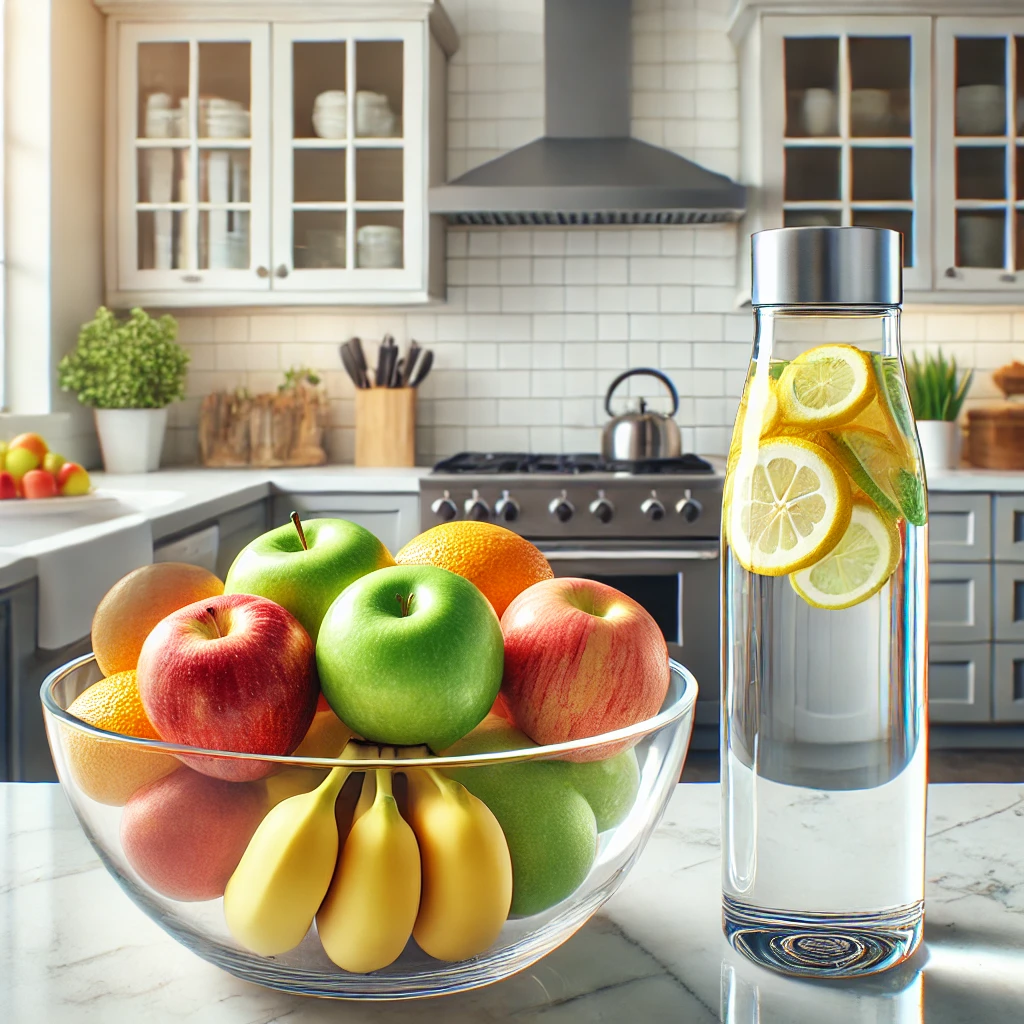 Uma cozinha organizada com uma cesta de frutas frescas e uma garrafa de água sobre o balcão, simbolizando escolhas saudáveis no dia a dia.