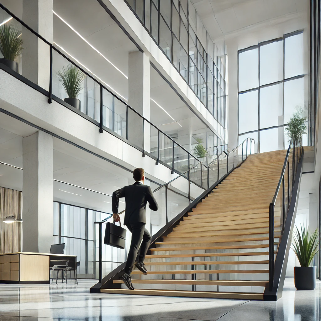 Uma pessoa subindo escadas modernas com luz natural ao fundo, representando uma opção saudável em vez de usar o elevador. Pequenas mudanças assim trazem grandes benefícios à saúde!