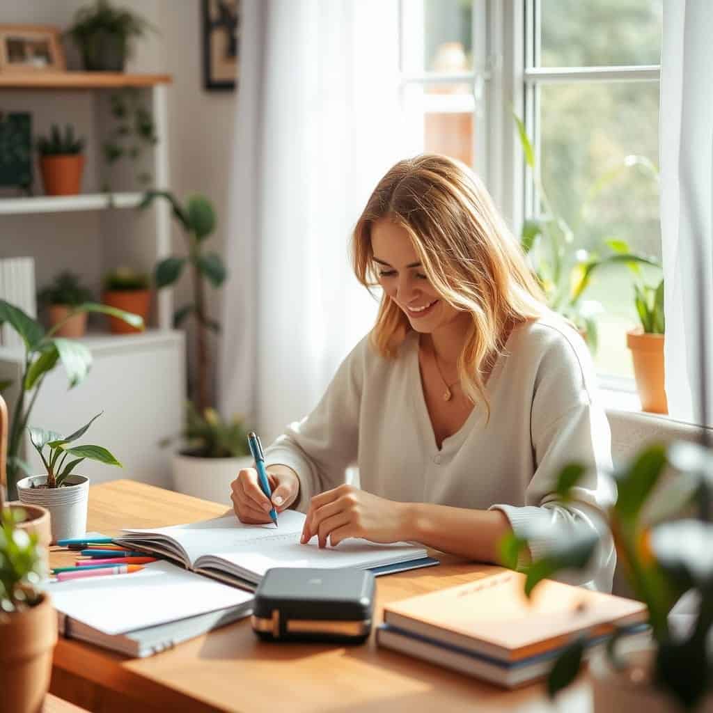 Mulher sorridente escrevendo em um caderno, sentada à mesa em um ambiente iluminado e decorado com plantas, representando o poder de pequenas mudanças no dia a dia.