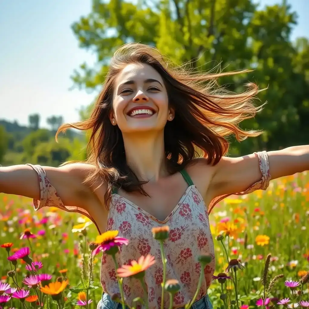 Mulher sorridente de braços abertos, em contato com a natureza, celebrando a conexão com o mundo natural.