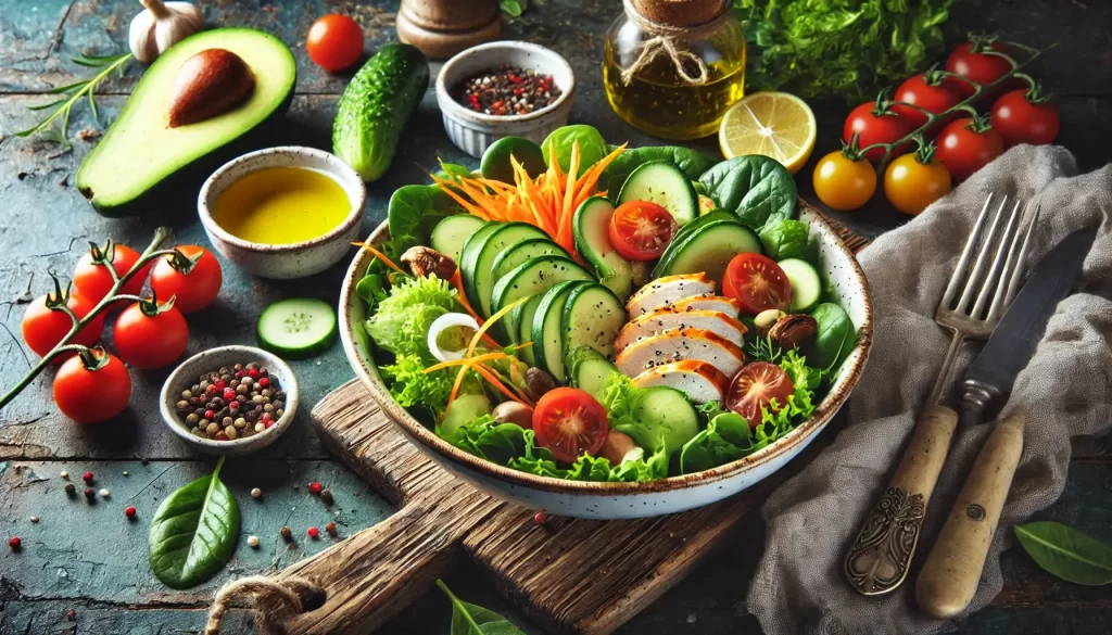 Tigela de salada colorida com folhas verdes, tomate cereja, pepino, cenoura ralada, fatias de abacate e frango grelhado, representando uma alimentação balenceada.