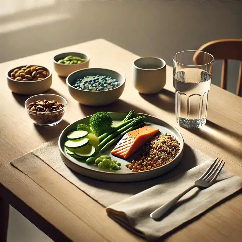 Prato saudável e minimalista com alimentos naturais, representando a conexão entre Minimalismo e Saúde.
