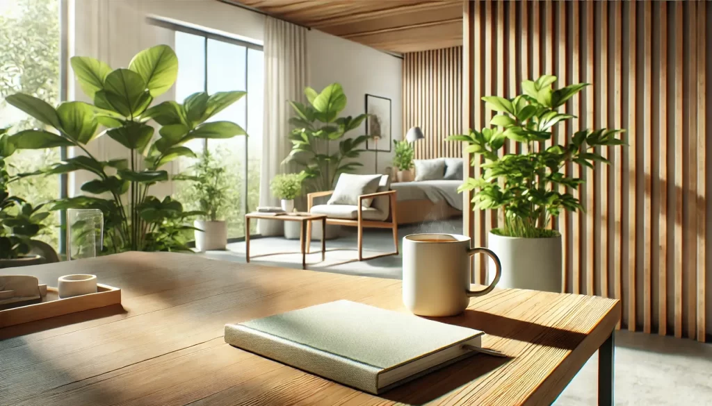 Espaço minimalista com luz natural, mesa de madeira, xícara de chá e plantas, transmitindo equilíbrio e bem-estar.