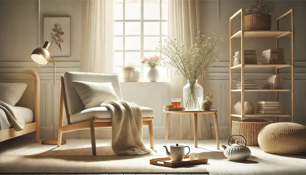 Canto de leitura minimalista com cadeira aconchegante, cobertor, xícara de chá e vaso de flores, evocando tranquilidade e bem-estar.
