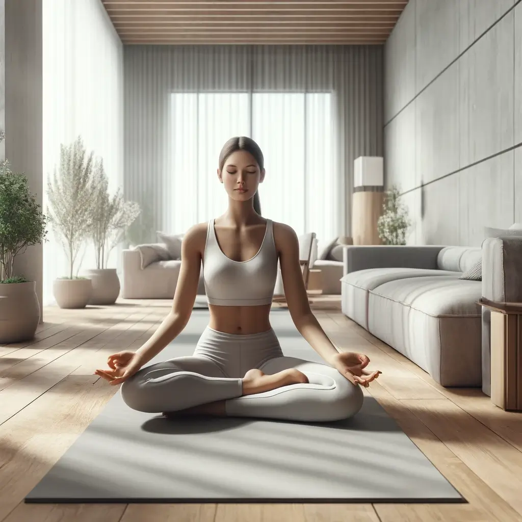 Mulher praticando yoga ao ar livre em um ambiente minimalista, representando a conexão entre Minimalismo e Saúde.