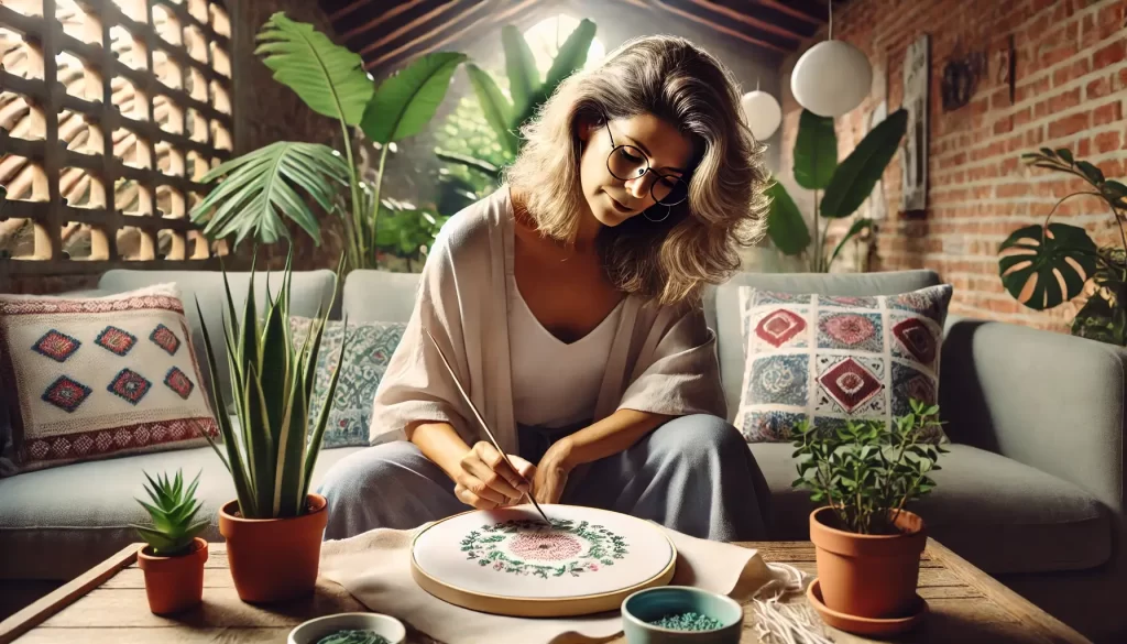 Mulher relaxando enquanto pratica atividades criativas como cerâmica ou bordado, em um espaço aconchegante.