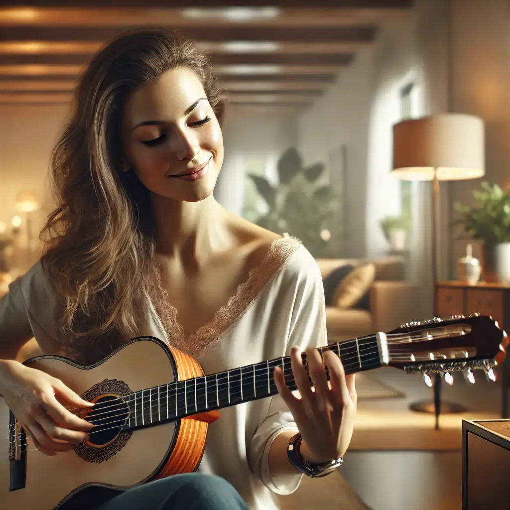 Mulher tocando instrumento, expressando liberdade e alegria.