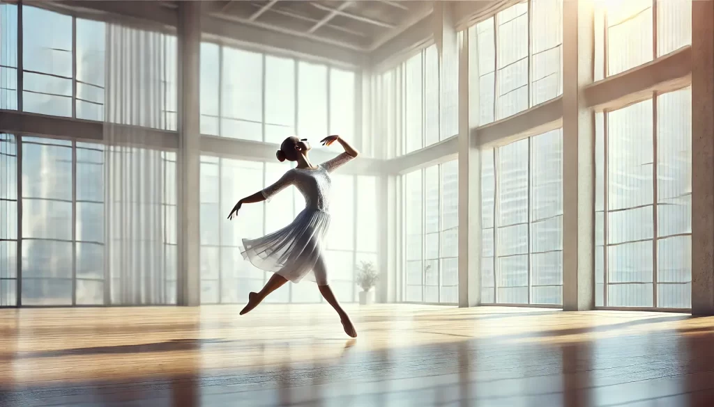 Mulher praticando atividades criativas por meio da dança em um espaço bem iluminado, expressando liberdade e alegria.