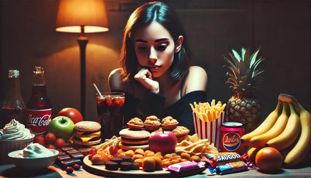 Mulher refletindo sobre compulsão alimentar, com alimentos saudáveis e não saudáveis sobre a mesa.