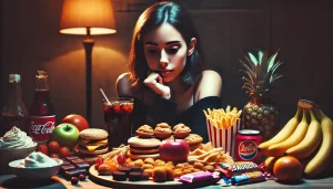 Mulher refletindo sobre compulsão alimentar, com alimentos saudáveis e não saudáveis sobre a mesa.