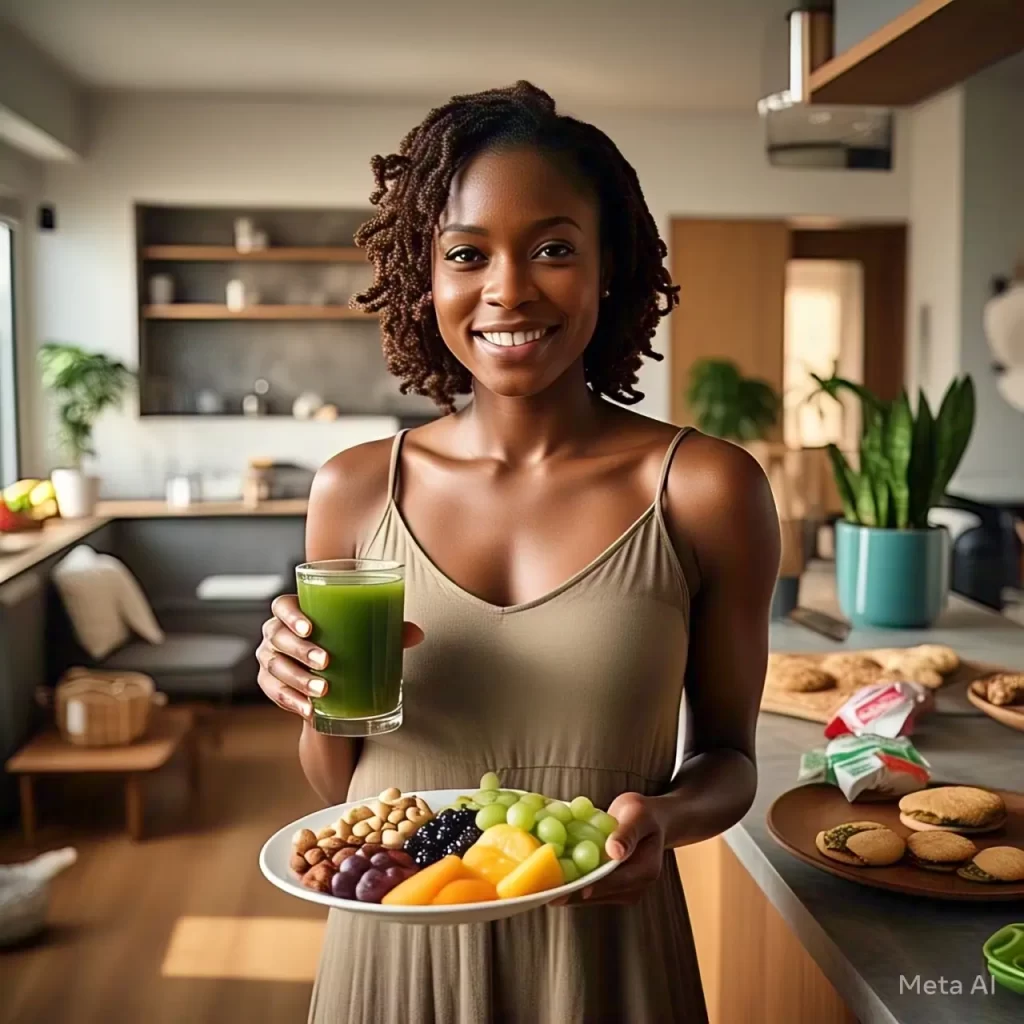 Mulher segurando prato com alimentos saudáveis, simbolizando o controle sobre a compulsão alimentar.