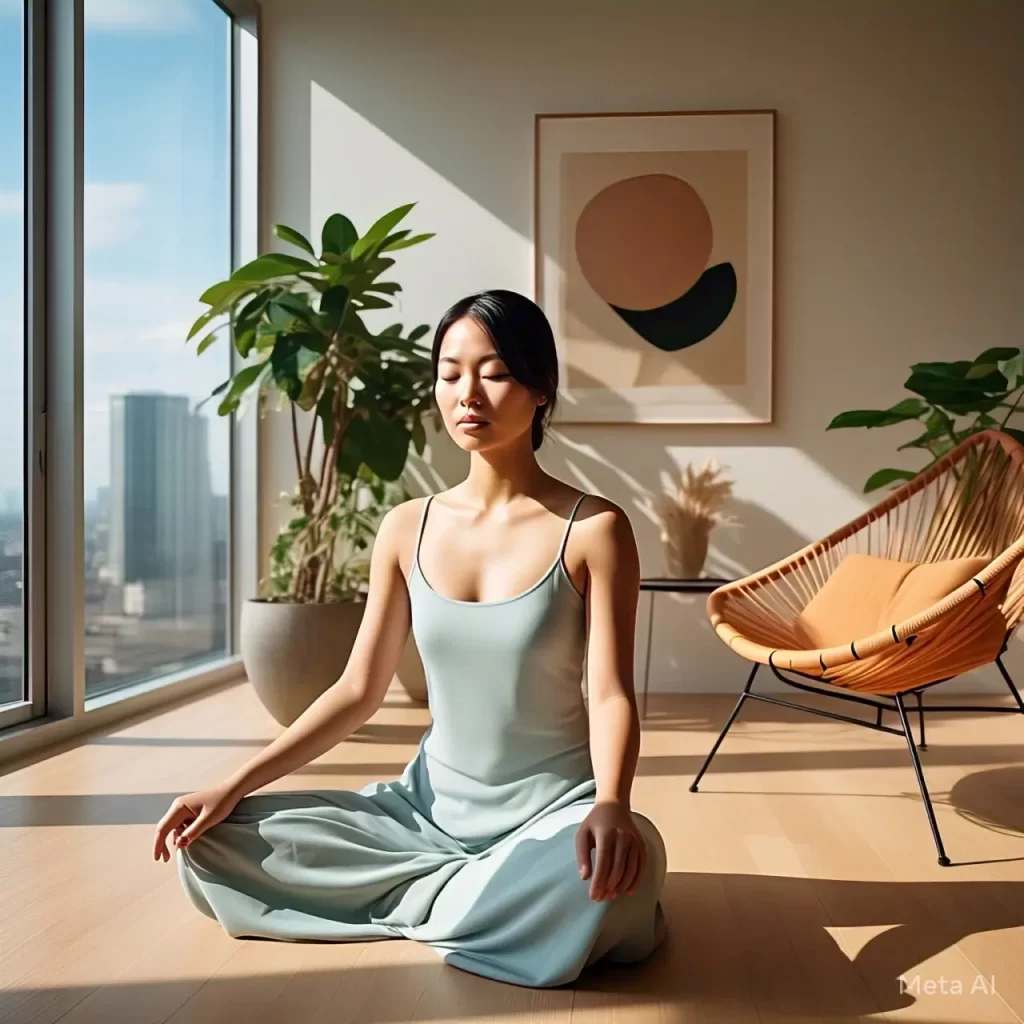 Mulher dedicando tempo a meditação, para aliviar a tensão e controlar a compulsão alimentar.