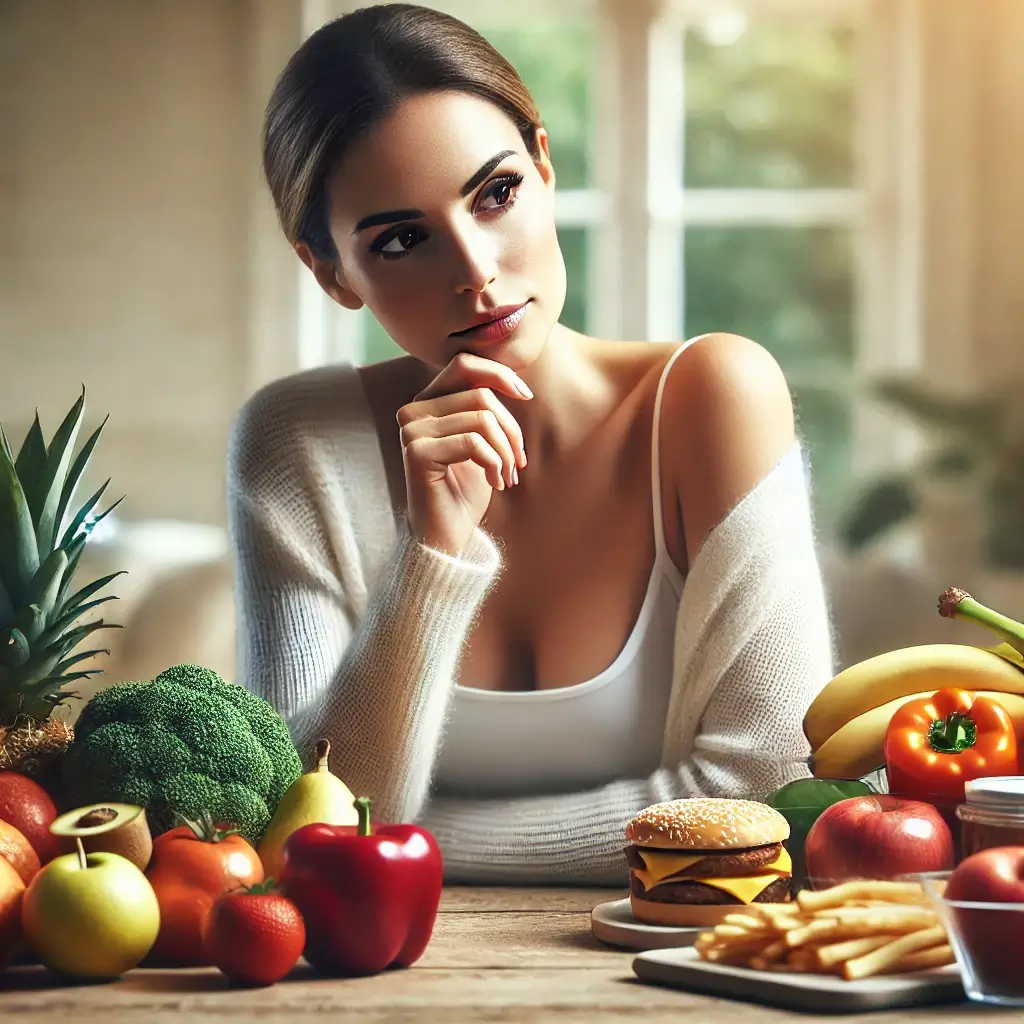 Mulher refletindo sobre compulsão alimentar, com alimentos saudáveis e não saudáveis sobre a mesa.