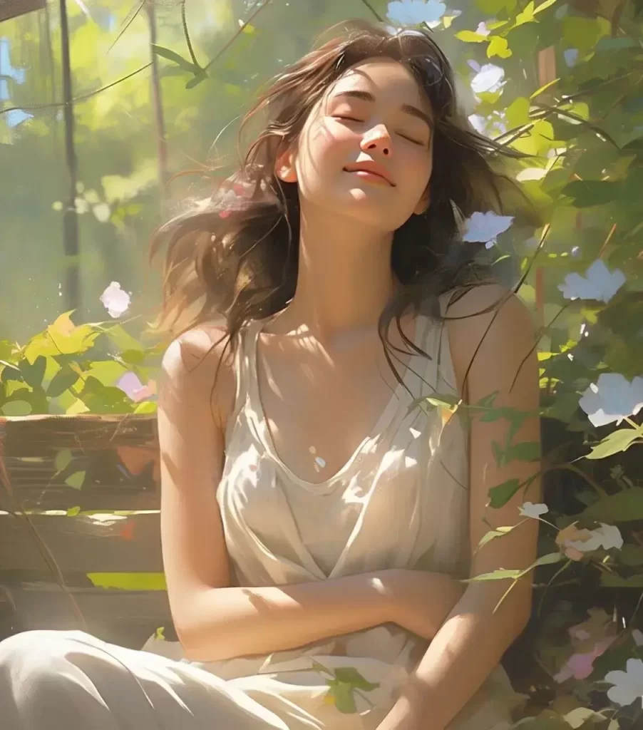 Mulher relaxando ao sol, com os olhos fechados, absorvendo os benefícios da luz solar na saúde.