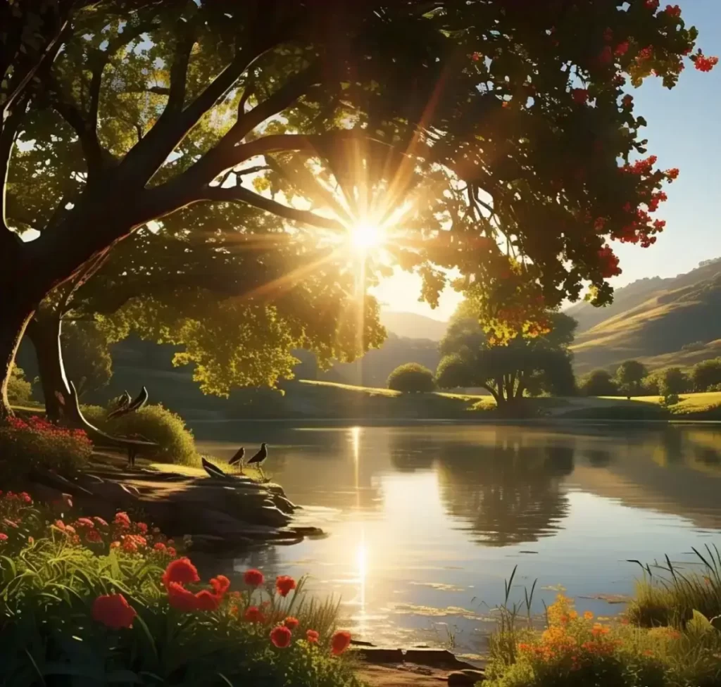 Uma uma cena de natureza com raios de sol iluminando um cenário relaxante para simbolizar a luz solar na saúde.