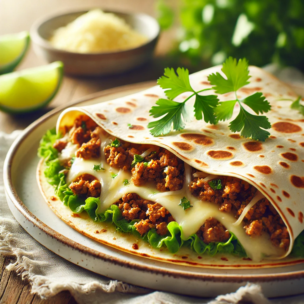 Imagem de uma tortilha crocante recheada com carne moída suculenta e queijo derretido, servida em um prato rústico, destacando sua textura dourada e sabor irresistível.