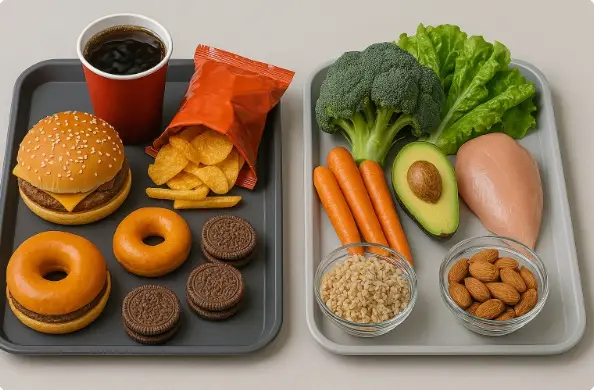 Duas bandejas lado a lado, uma com alimentos ultraprocessados e outra com alimentos saudáveis, em fundo neutro.