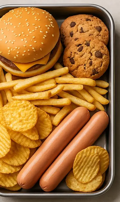 Alimentos Ultraprocessados e hiperpalatáveis distribuídos em uma bandeja