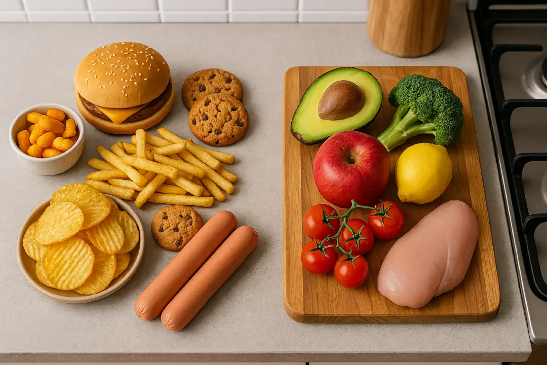 Vista aérea de uma cozinha com alimentos ultraprocessados de um lado e alimentos naturais do outro, destacando a diferença entre escolhas alimentares.
