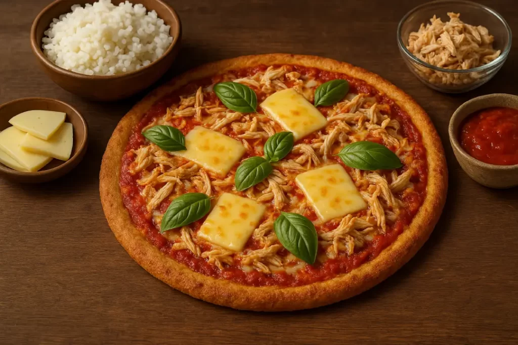 Imagem da Pizza sem Glúten ao centro e os ingredientes frescos ao redor (arroz cozido, queijo, frango desfiado, molho de tomate caseiro).