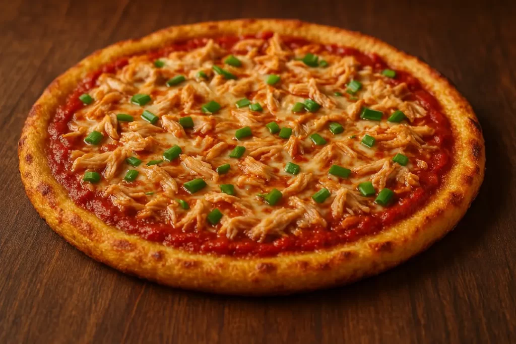 Imagem da pizza sem glúten, dourada e crocante com bordas douradas, coberta com queijo derretido, molho de tomate caseiro, frango desfiado e cebolinha verde.