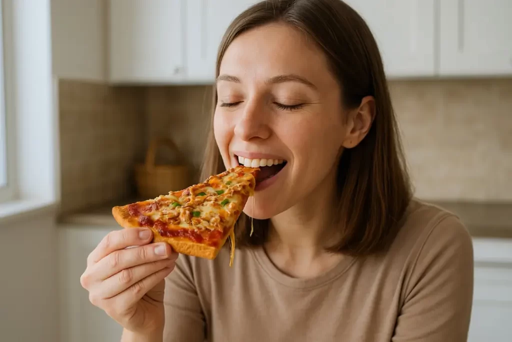 Uma mulher se deliciando com uma fatia da pizza em sua cozinha bem iluminada, mostrando a textura da pizza sem glúten e o queijo derretendo.
