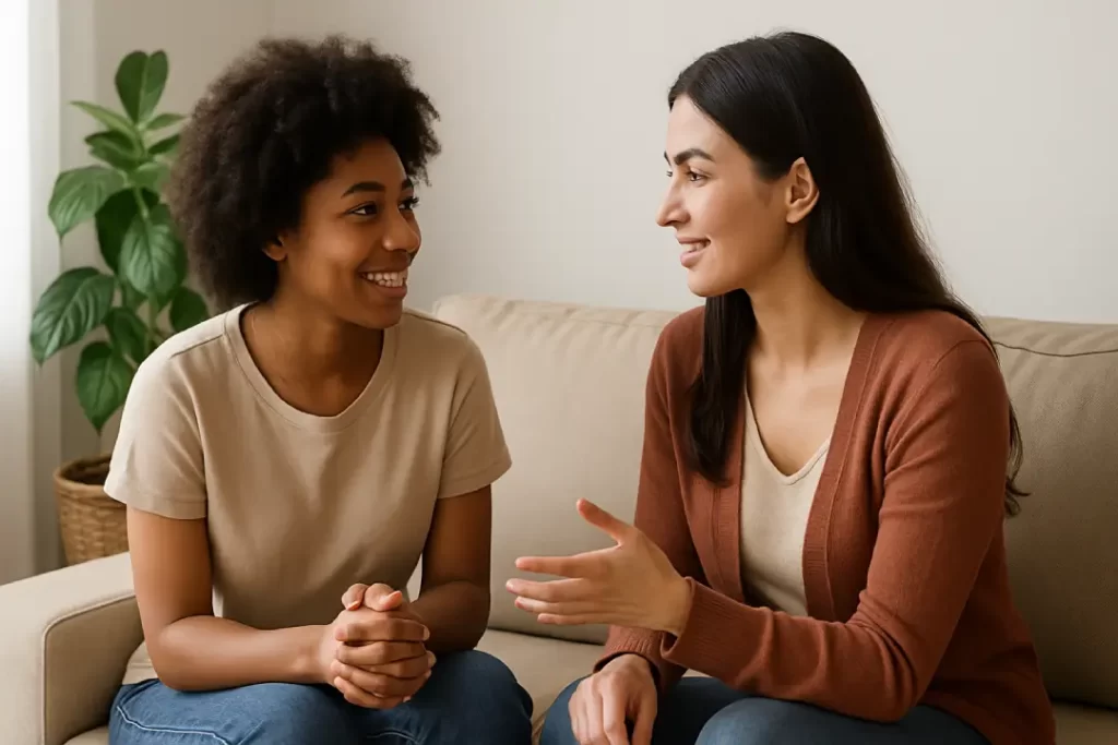 Duas pessoas conversando com empatia em um ambiente acolhedor, representando relações saudáveis e apoio emocional.
