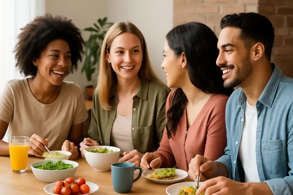Grupo de amigos conversando alegremente em uma cafeteria, representando relações saudáveis e momentos de conexão.