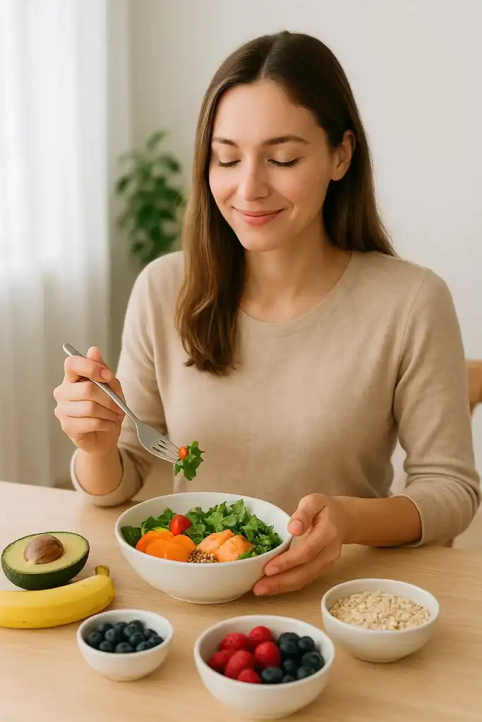 Mulher tranquila e sorridente saboreando alimentos que afetam o humor, sentada à mesa com uma refeição saudável e colorida.