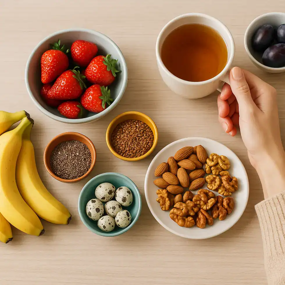 Mesa com alimentos saudáveis como frutas, castanhas, sementes e chá, representando alimentos que afetam o humor de forma positiva.