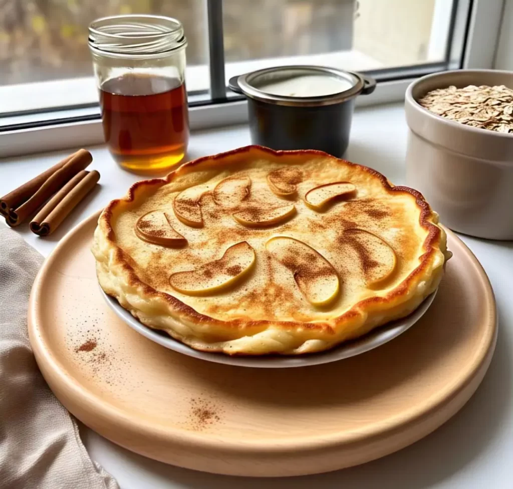 Panqueca de Maçã saudável com fatias caramelizadas, canela e mel servida em prato, opção leve e nutritiva para emagrecer.
