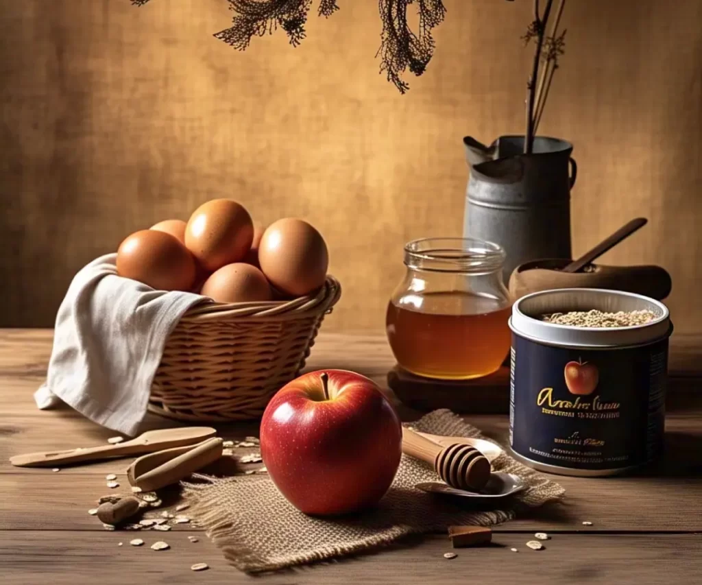 Ingredientes da Panqueca de Maça sobre uma mesa, prontos para serem utilizados no preparo da panqueca.