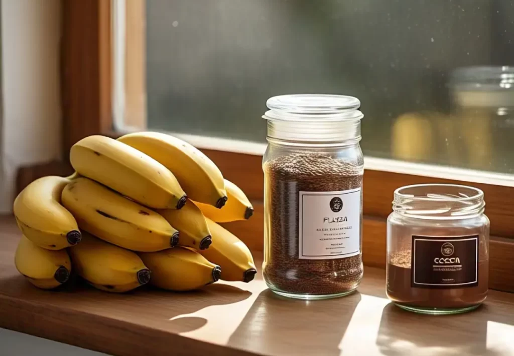 Bananas, Linhaça e Cacau, ingredientes para utilizar na Panqueca de Maçã como opções de variedade.