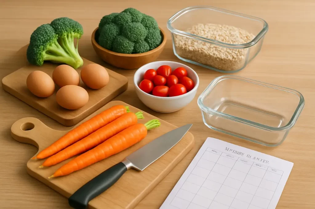 Planejamento alimentar semanal com alimentos crus, utensílios de cozinha e um planner sobre a bancada.